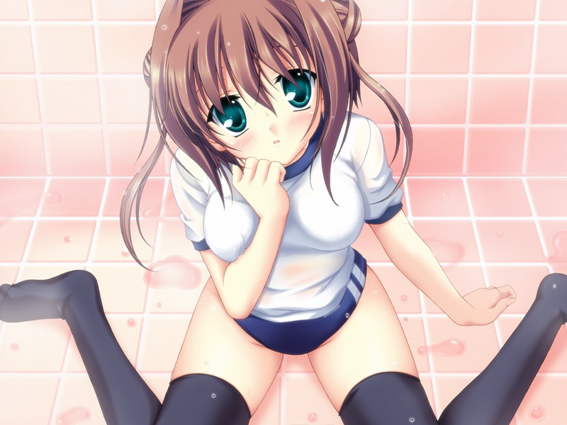onnanoko suwari, tanihara natsuki, asakura yume, da capo, da capo ii, game cg, 00s, 1girl, black thighhighs, blue buruma, blush, breasts, brown hair, buruma, double bun, female focus, green eyes, gym uniform, hair bun, looking at viewer, medium breasts, open mouth, shirt, short sleeves, sitting, solo, thighhighs, wet, white shirt