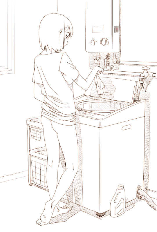 francine (daijaemon), original, 1girl, ass, barefoot, bottomless, casual nudity, female focus, holding, holding panties, holding underwear, holding unworn clothes, indoors, laundry, monochrome, no panties, panties, shirt, short hair, solo, t-shirt, top-load washing machine, underwear, washing machine