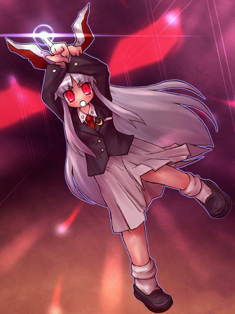 sankuma, reisen udongein inaba, touhou, 1girl, animal ears, blazer, crescent, female focus, finger gun, glowing, glowing eyes, jacket, loafers, long hair, necktie, purple hair, rabbit ears, red eyes, shoes, skirt, solo