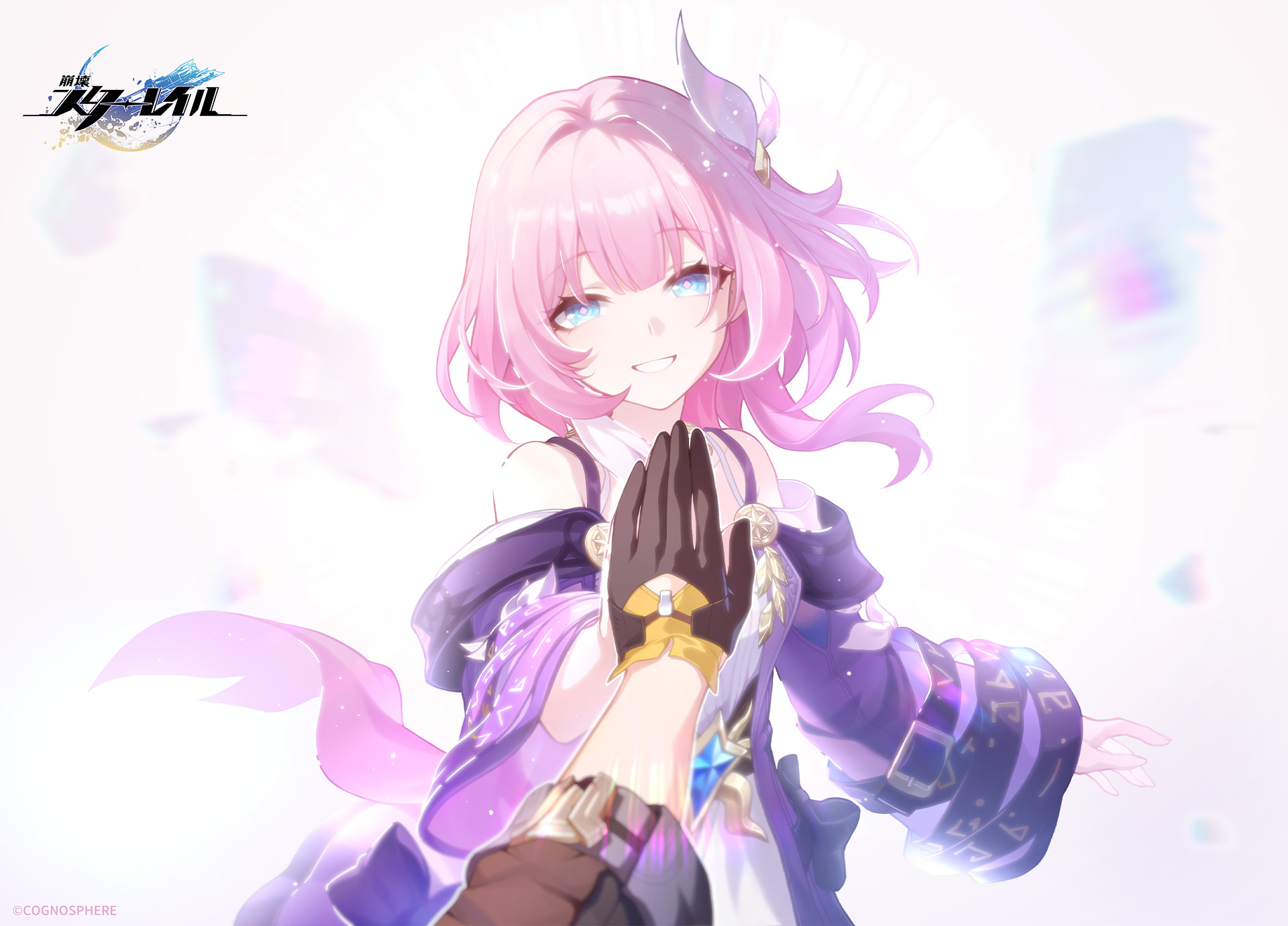 cyrene (honkai: star rail), stelle (honkai: star rail), trailblazer (honkai: star rail), honkai: star rail, honkai (series), game cg, highres, official art, 2girls, bare shoulders, belt, black gloves, black jacket, blue eyes, breasts, coat, copyright name, copyright notice, dress, gloves, grin, hair ornament, holding hands, jacket, lens flare, long sleeves, looking at viewer, medium hair, multiple girls, off shoulder, pink hair, pink pupils, pov, purple coat, small breasts, smile, white dress