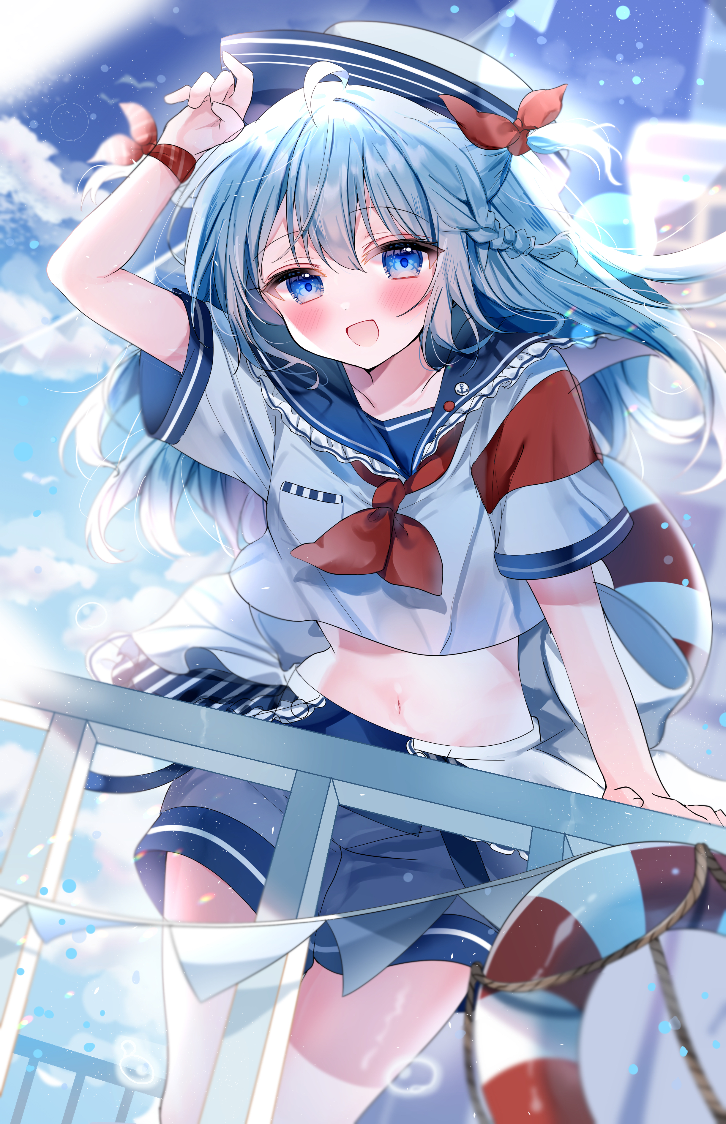 nahoshi (sevenstar744), original, absurdres, commentary request, highres, 1girl, ahoge, arm up, blue eyes, blue hair, blue sailor collar, blue skirt, blush, bow, braid, cowboy shot, crop top, crop top overhang, cropped shirt, dutch angle, grey shirt, hair bow, hat, lifebuoy, looking at viewer, midriff, navel, one side up, open mouth, railing, red bow, rope, sailor collar, sailor hat, school uniform, serafuku, shirt, short sleeves, side braid, skirt, smile, solo, standing, swim ring, white hat