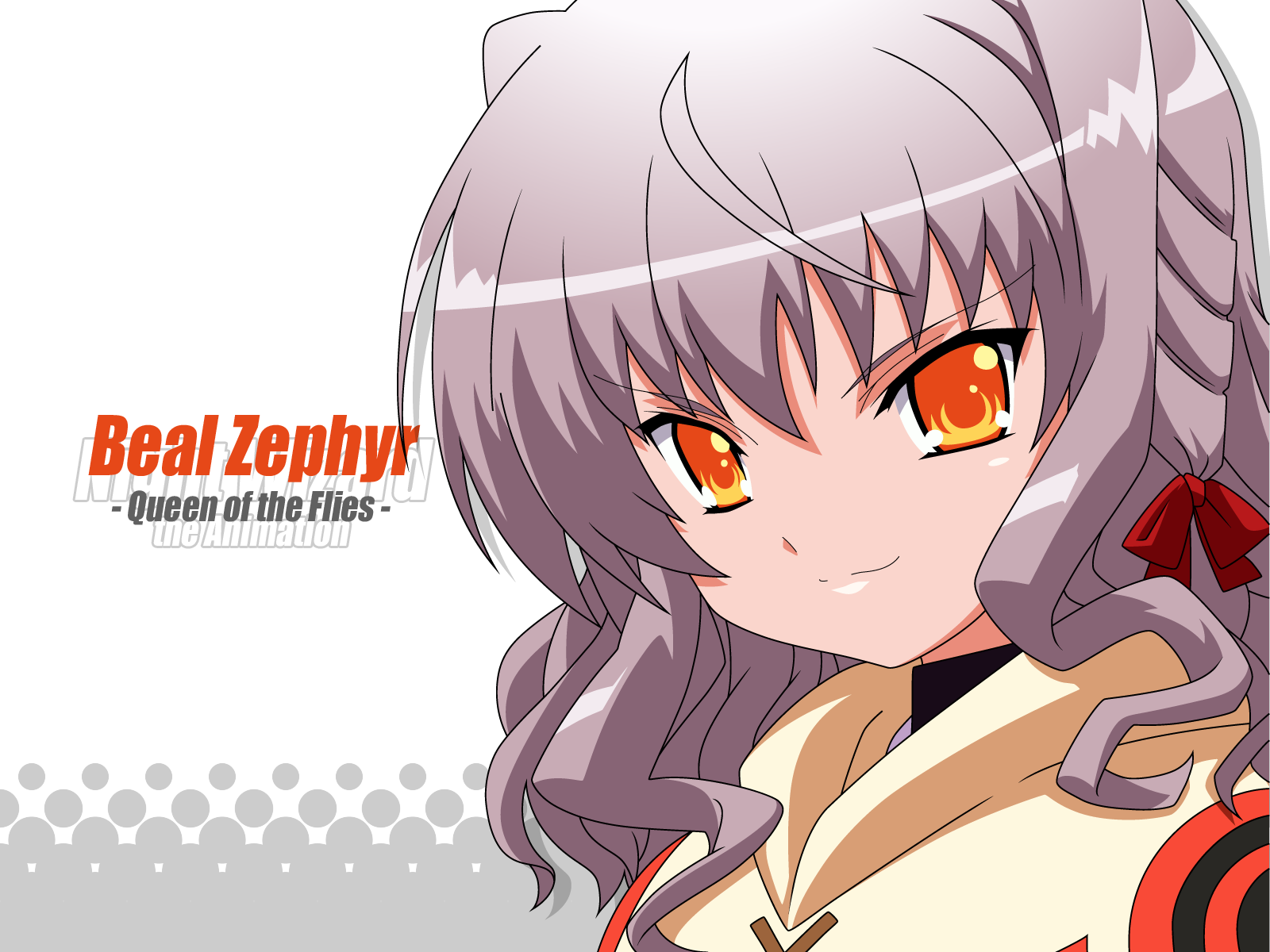 bell zephyr, night wizard, silver hair, highres, 00s, english text, engrish text, orange eyes, ranguage, solo