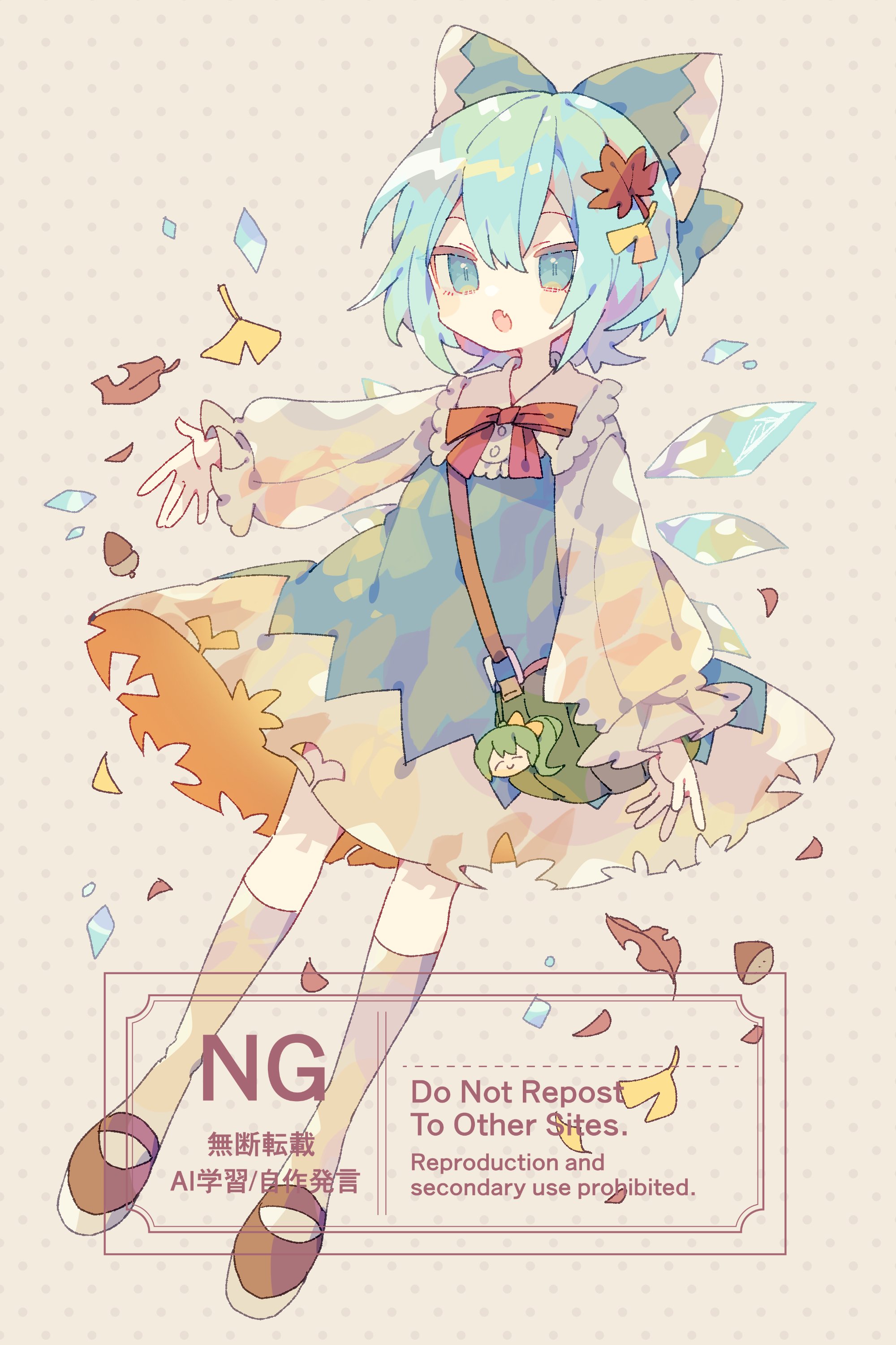nikorashi-ka, cirno, daiyousei, touhou, absurdres, commentary, highres, 1girl, :o, autumn, blue dress, blue eyes, blue hair, blush stickers, bow, bowtie, brown shoes, character charm, charm (object), collared shirt, double-parted bangs, dress, fang, frilled shirt collar, frills, full body, green bow, grey background, grey socks, hair bow, hair ornament, kneehighs, leaf hair ornament, long sleeves, open mouth, pinafore dress, polka dot, polka dot background, red bow, red bowtie, shirt, shoes, short hair, skin fang, sleeveless, sleeveless dress, socks, solo, standing, white shirt