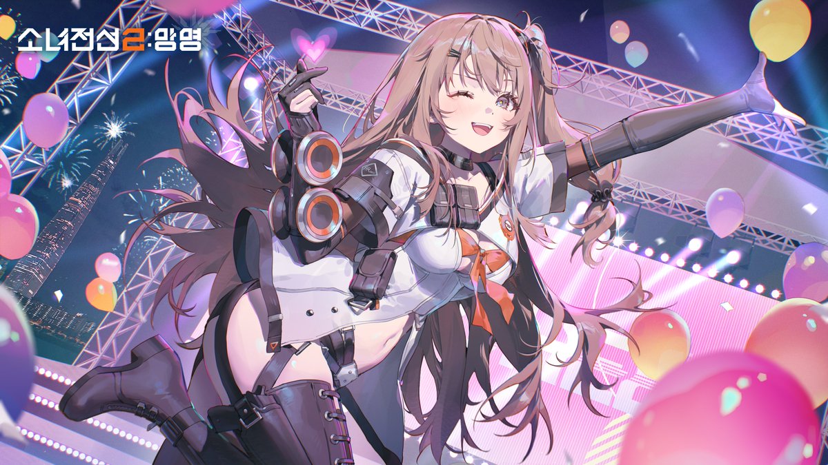 k2 (girls' frontline), yoohee (girls' frontline 2), girls' frontline, girls' frontline 2: exilium, official art, 1girl, black gloves, blush, breasts, brown eyes, brown hair, gloves, hair ornament, long hair, looking at viewer, navel, open mouth, smile, solo