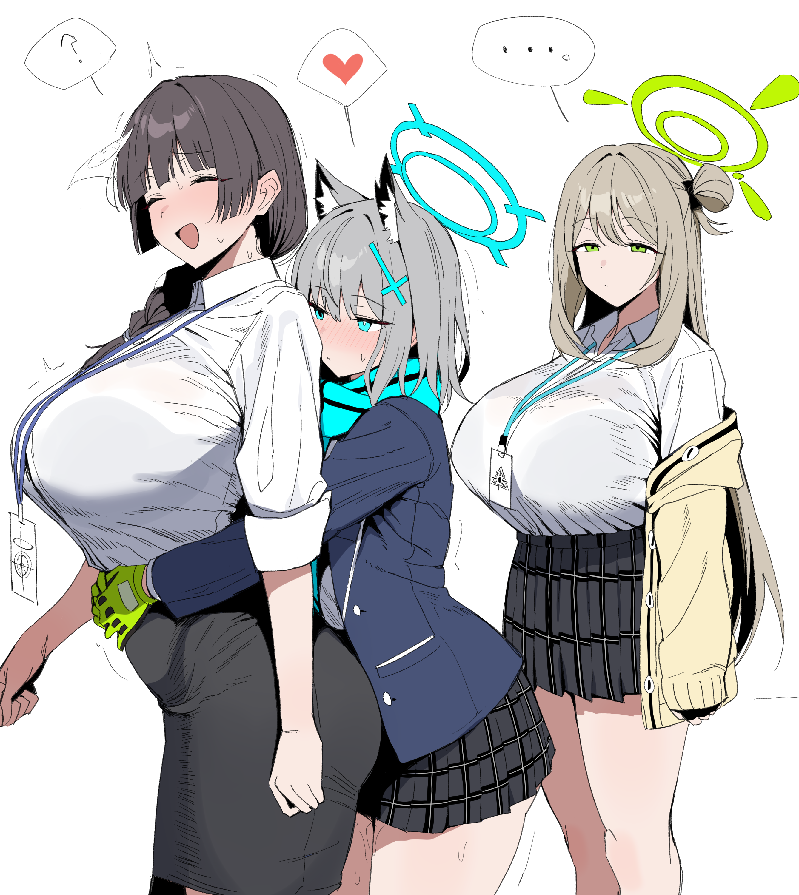 xipa, doodle sensei (blue archive), female sensei (blue archive), nonomi (blue archive), sensei (blue archive), shiroko (blue archive), blue archive, absurdres, commentary request, highres, …, 3girls, ?, ^ ^, animal ears, aqua scarf, aroused, black bra, black skirt, blazer, blue jacket, blush, bra, bra visible through clothes, breasts, brown hair, cardigan, cardigan partially removed, closed eyes, cross hair ornament, dry humping, extra ears, feet out of frame, female sensei (blue archive) (xipa), gloves, green gloves, grey hair, hair bun, hair ornament, halo, heart, hug, hug from behind, huge breasts, humping, jacket, lanyard, long braid, long hair, looking at another, medium hair, multiple girls, nervous smile, nervous sweating, nose blush, paper on head, pencil skirt, plaid clothes, plaid skirt, pleated skirt, pussy juice, scarf, school uniform, shirt, shirt tucked in, simple background, single side bun, skirt, smile, spoken ellipsis, spoken heart, spoken question mark, sweat, tented shirt, underwear, very long hair, white background, white shirt, wolf ears, yellow cardigan, yuri