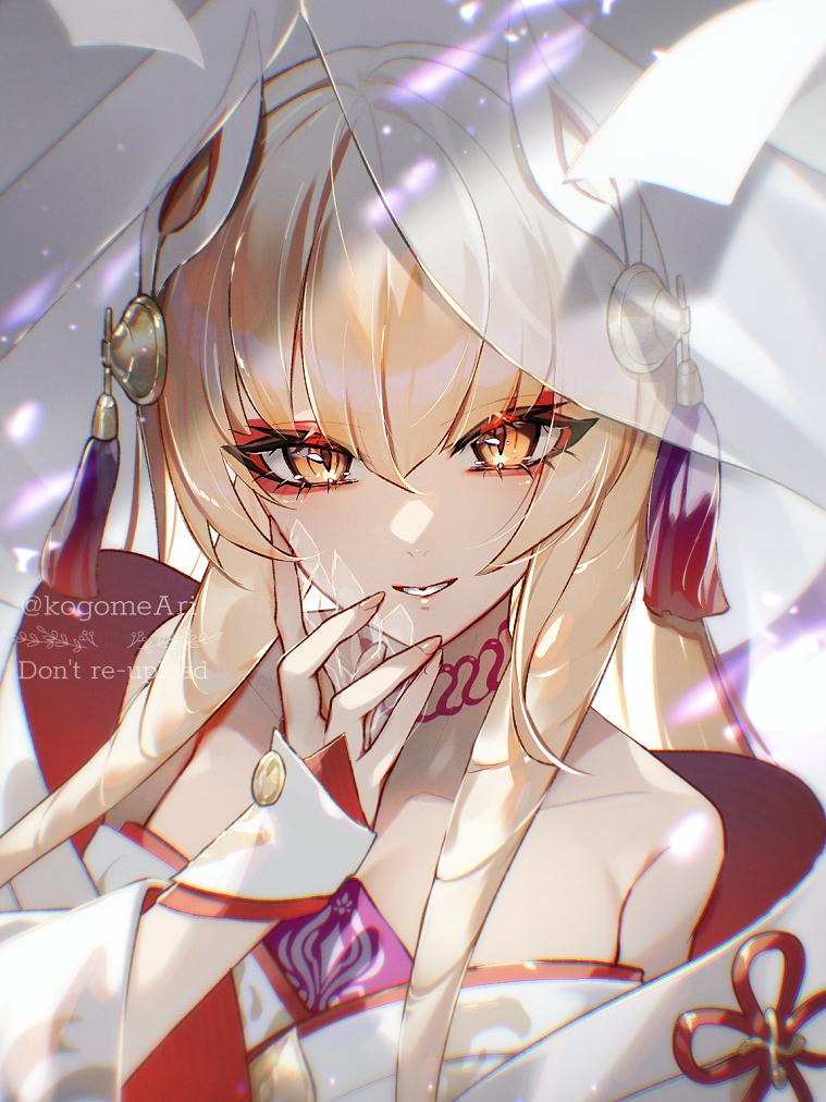 kogome (azalea4), indala (granblue fantasy), granblue fantasy, 1girl, bare shoulders, blonde hair, choker, drill hair, grin, hair ornament, japanese clothes, long hair, looking at viewer, smile, solo, twin drills, watermark, yellow eyes