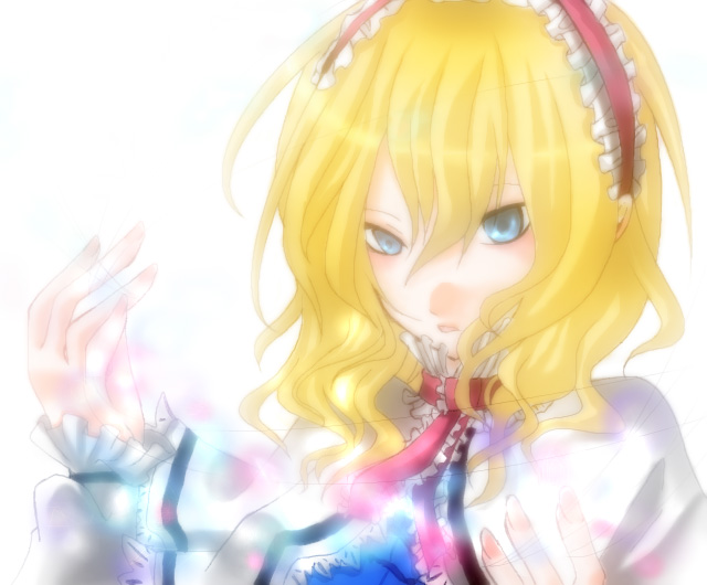 himeka, alice margatroid, touhou, 1girl, blonde hair, blue eyes, female focus, hairband, solo, upper body, white background