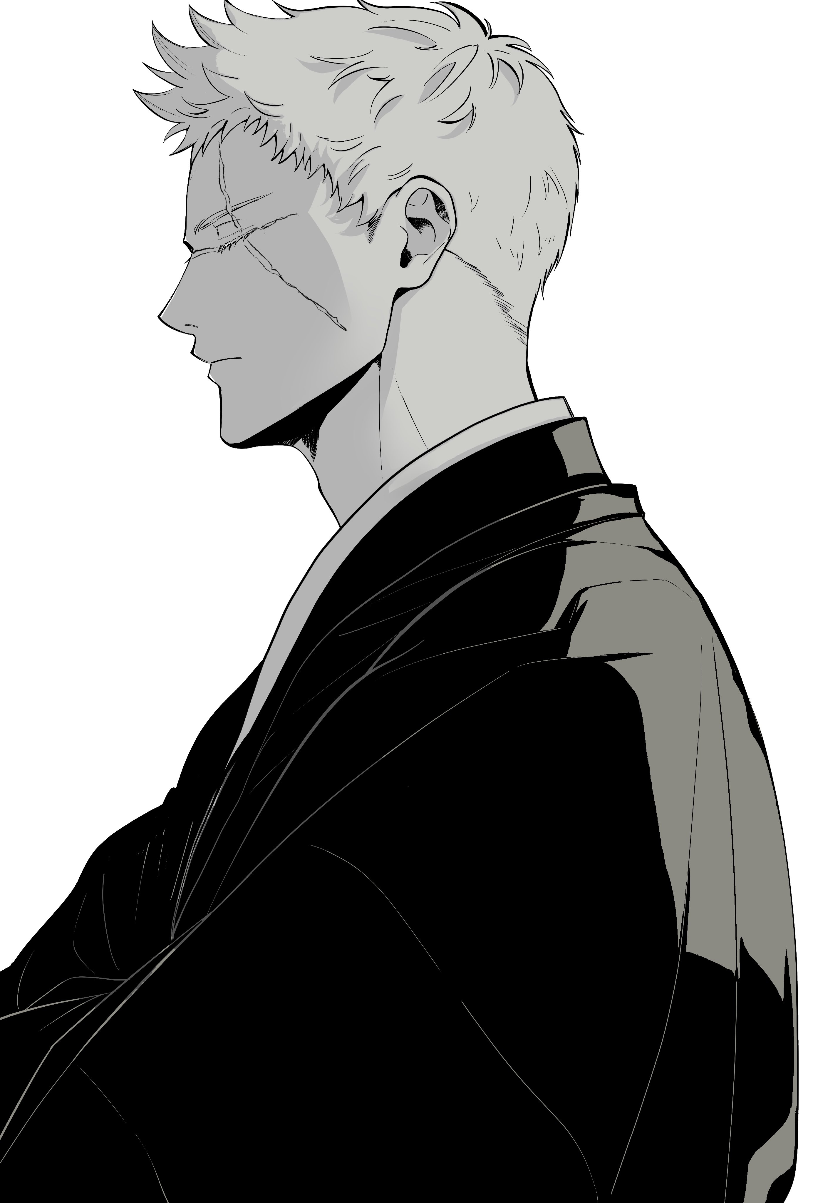 2elu2, yamada asaemon shion, jigokuraku, absurdres, commentary request, highres, 1boy, closed mouth, crossed arms, from side, greyscale, japanese clothes, long sleeves, male focus, monochrome, scar, scar across eye, scar on face, short hair, simple background, solo, upper body, white background