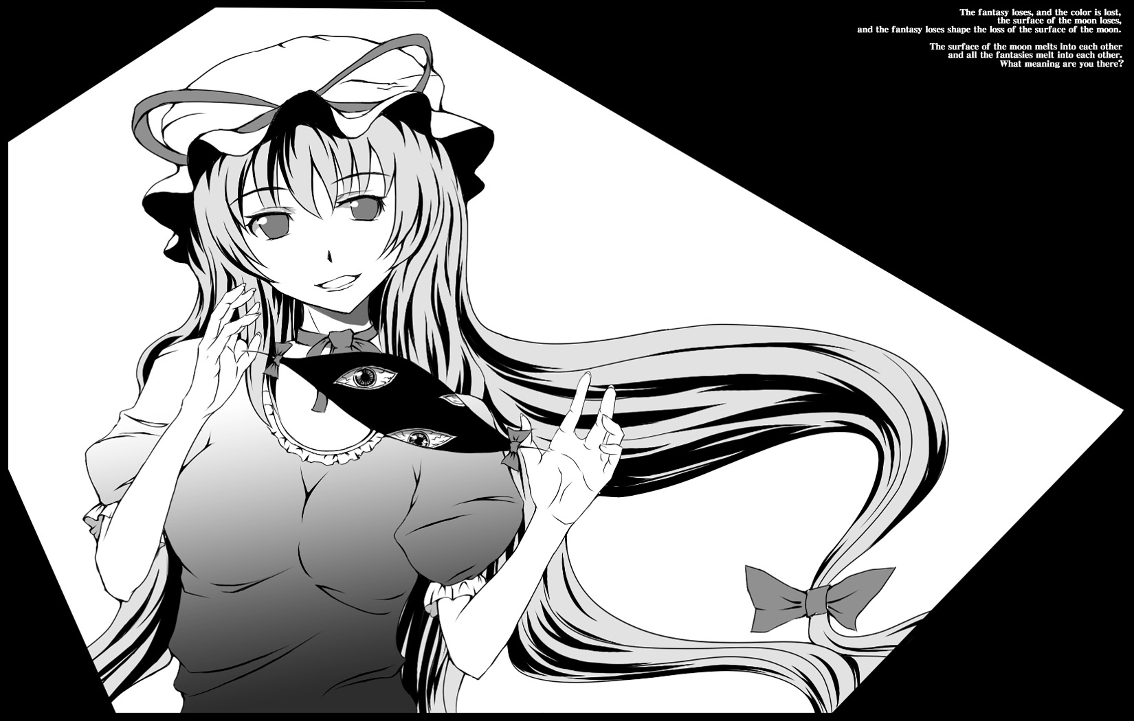 oumi (rsag), ryomo, yakumo yukari, touhou, bad id, bad pixiv id, highres, 1girl, bow, choker, english text, engrish text, female focus, gap (touhou), greyscale, hair bow, hat, long hair, monochrome, ranguage, ribbon, solo