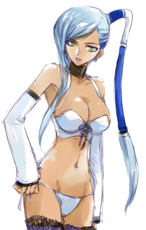 memejiro, villetta nu, code geass, 00s, 1girl, blue hair, breasts, bustier, choker, cleavage, dark-skinned female, dark skin, detached sleeves, female focus, large breasts, lingerie, panties, solo, swimsuit, tan, underwear, yellow eyes