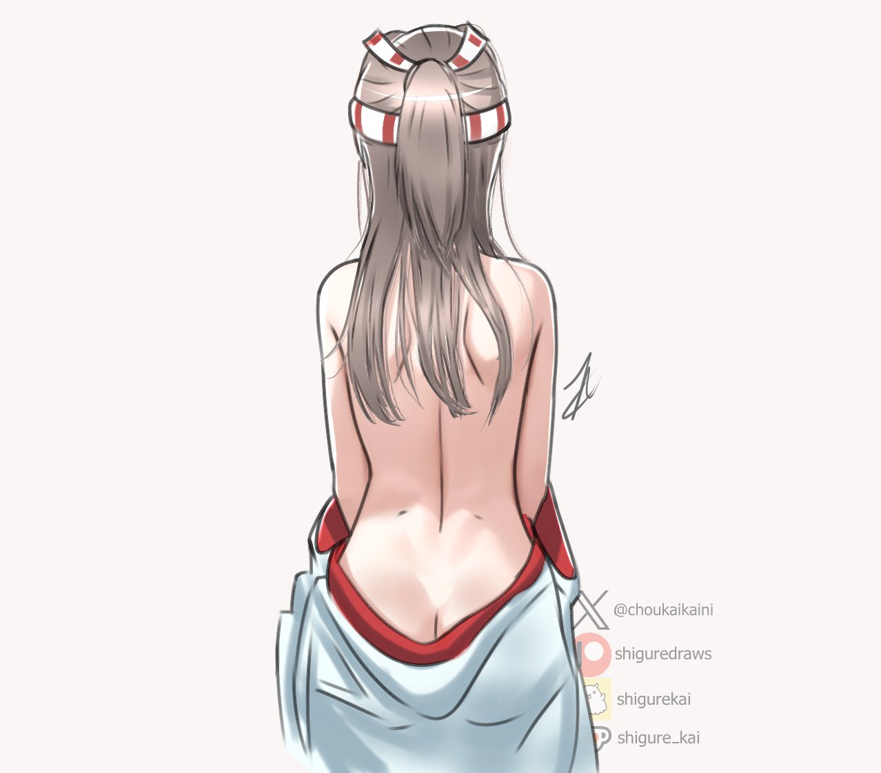 shigure (choukaikaini), zuihou (kancolle), kantai collection, ass, back, back focus, butt crack, flat ass, from behind, grey eyes, headband, high ponytail, japanese clothes, kimono, kimono partially removed, long hair, one-hour drawing challenge, ponytail, simple background, striped headband, watermark, white background, white kimono