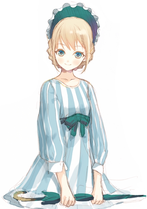 hanamura mai, striped, blonde hair, blue eyes, bonnet, dress, solo, umbrella