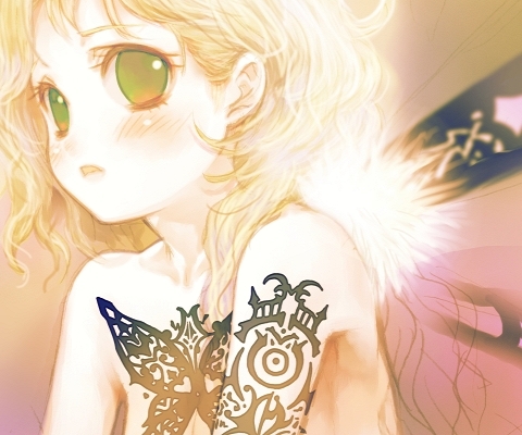 hanamura mai, lowres, 1girl, arm tattoo, blonde hair, breasts, bug, butterfly, chest tattoo, cleavage, female focus, glowing, gradient background, green eyes, insect, purple background, solo, tattoo, wavy hair, yellow background
