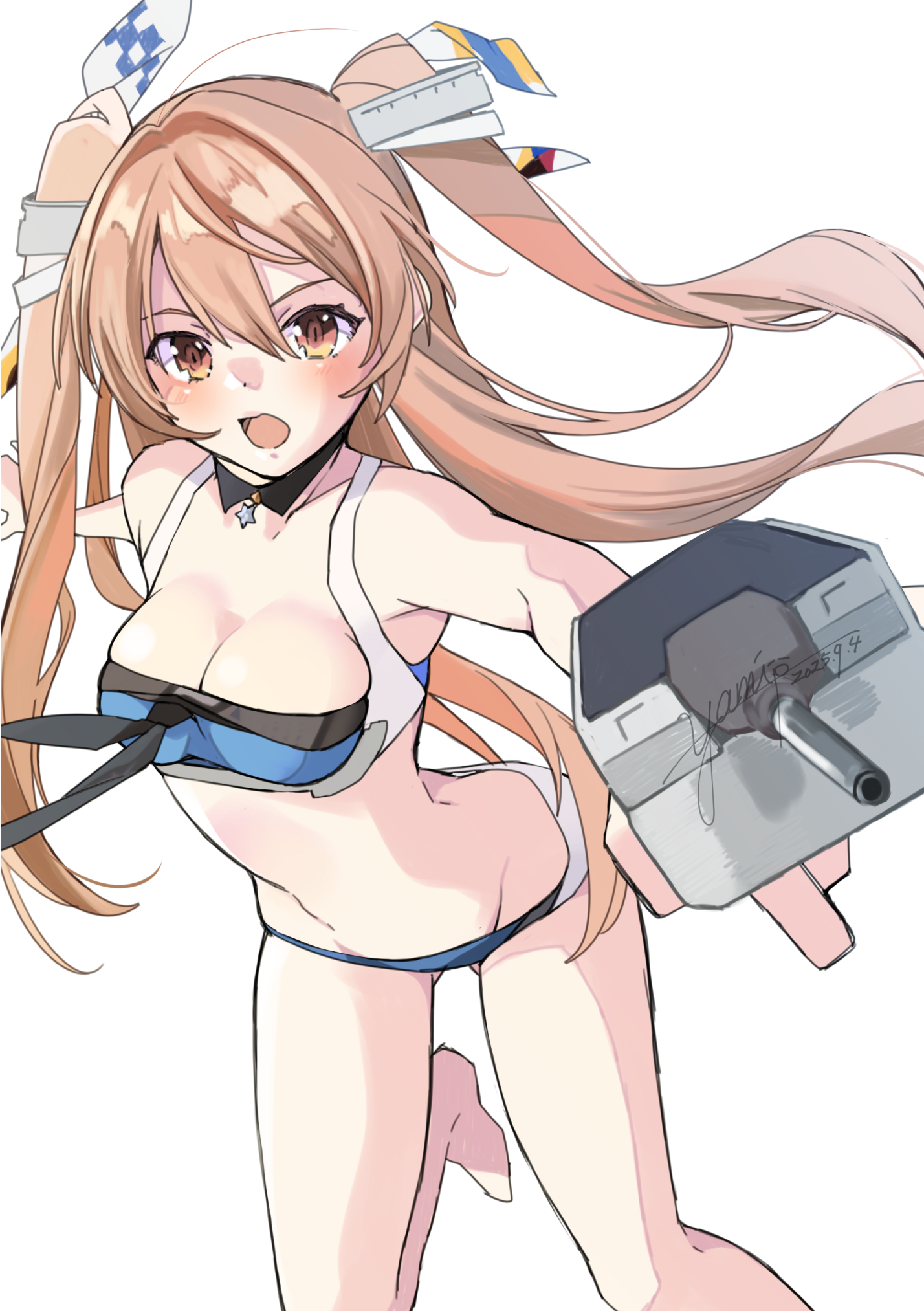 yami (m31), johnston (kancolle), johnston kai (swimsuit) (kancolle), kantai collection, highres, 1girl, adapted turret, bikini, black neckerchief, black sailor collar, blue bikini, breasts, brown eyes, brown hair, choker, cleavage, feet out of frame, long hair, medium breasts, neckerchief, one-hour drawing challenge, open mouth, sailor bikini, sailor collar, simple background, solo, star (symbol), star choker, swimsuit, two side up, white background