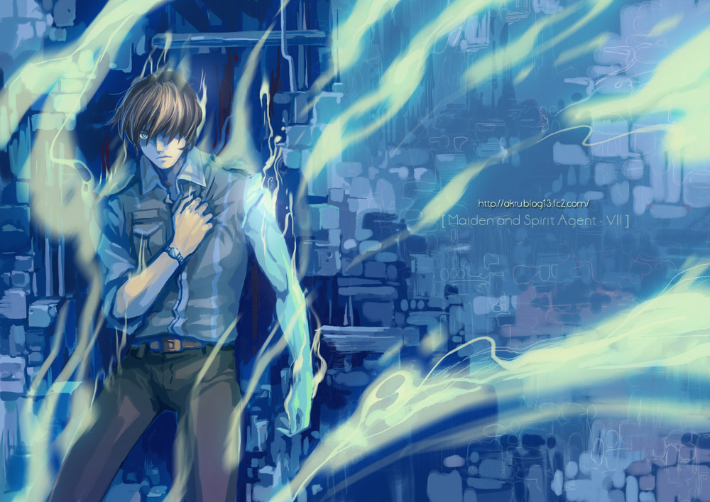 akru, original, wall, bad id, bad pixiv id, 1boy, aura, belt, blue eyes, brown hair, glowing, glowing eyes, maiden and spirit agent, male focus, smoke, smokes, solo, spirit, watch, wristwatch