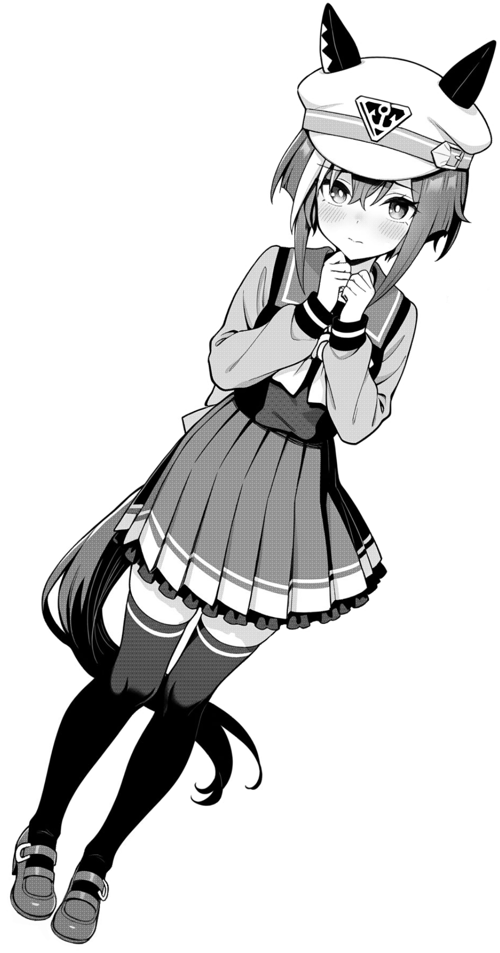 akagi koku, cheval grand (umamusume), umamusume, commentary, highres, 1girl, animal ears, blush, bow, bowtie, closed mouth, ears through headwear, frilled skirt, frills, full body, greyscale, hair between eyes, hands up, hat, horse ears, horse girl, horse tail, long hair, long sleeves, looking at viewer, monochrome, pleated skirt, sailor collar, school uniform, shirt, shoes, simple background, skirt, solo, standing, tail, thighhighs, tracen school uniform, zettai ryouiki