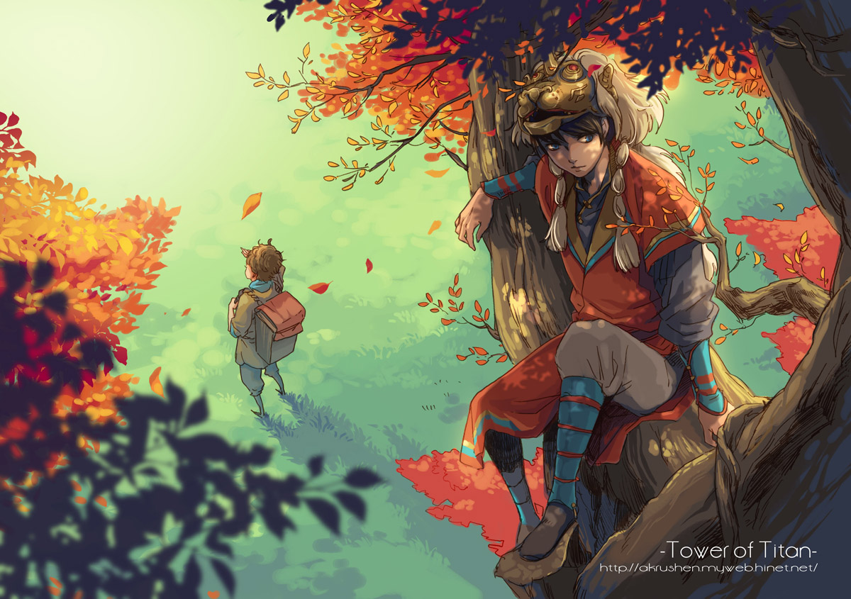 akru, original, 2boys, autumn, hat, in tree, leaf, male focus, mask, multiple boys, sitting, sitting in tree, tree