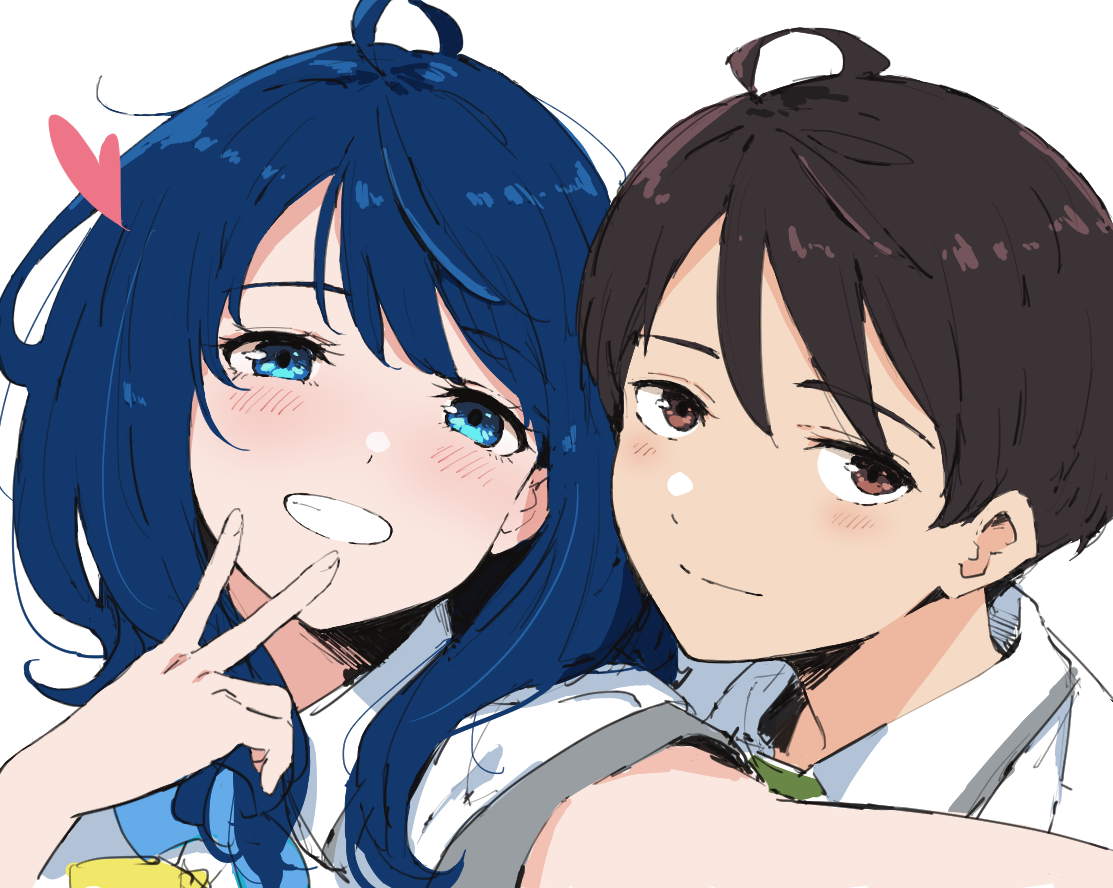 pdbgat, nukumizu kazuhiko, yanami anna, make heroine ga oo sugiru!, commentary request, 1boy, 1girl, ahoge, black hair, blue bow, blue bowtie, blue eyes, blue hair, blush, bow, bowtie, breasts, brown eyes, clenched teeth, closed mouth, collared shirt, heart, hetero, large breasts, looking at viewer, medium hair, school uniform, shirt, short hair, simple background, smile, summer uniform, teeth, tsuwabuki high school uniform, v, v over mouth, white background, white shirt, yellow bow, yellow bowtie