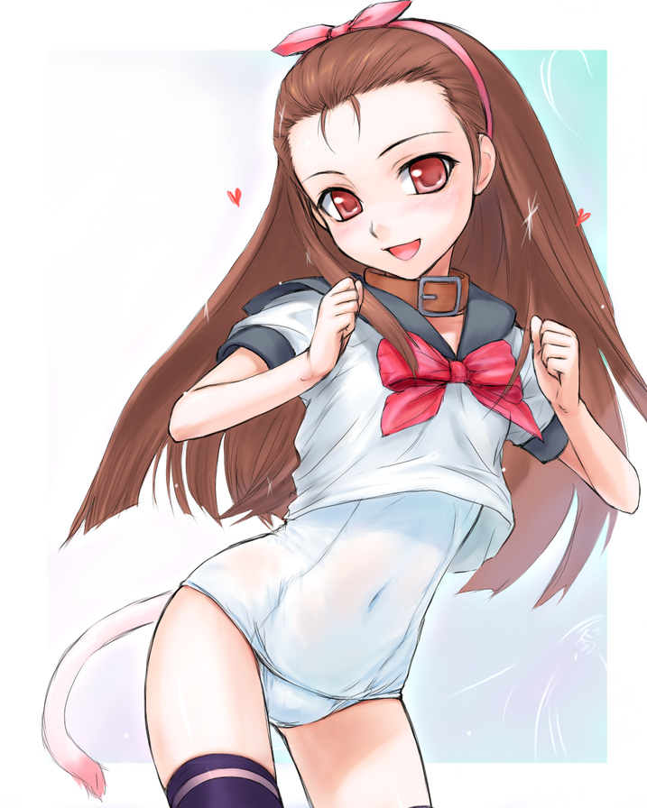 rona, minase iori, idolmaster, idolmaster (classic), idolmaster 1, 00s, 1girl, brown eyes, brown hair, collar, female focus, long hair, no pants, one-piece swimsuit, ribbon, school swimsuit, school uniform, serafuku, solo, swimsuit, swimsuit under clothes, tail, thighhighs, white one-piece swimsuit, white school swimsuit