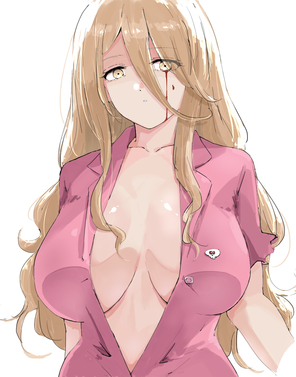 pdbgat, shikiya yumeko, make heroine ga oo sugiru!, commentary request, highres, 1girl, blonde hair, blood, bloody tears, breasts, closed mouth, collared shirt, hair between eyes, large breasts, long hair, long hair between eyes, looking at viewer, nurse, official alternate costume, open clothes, open shirt, shirt, short sleeves, simple background, solo, upper body, white background, yellow eyes