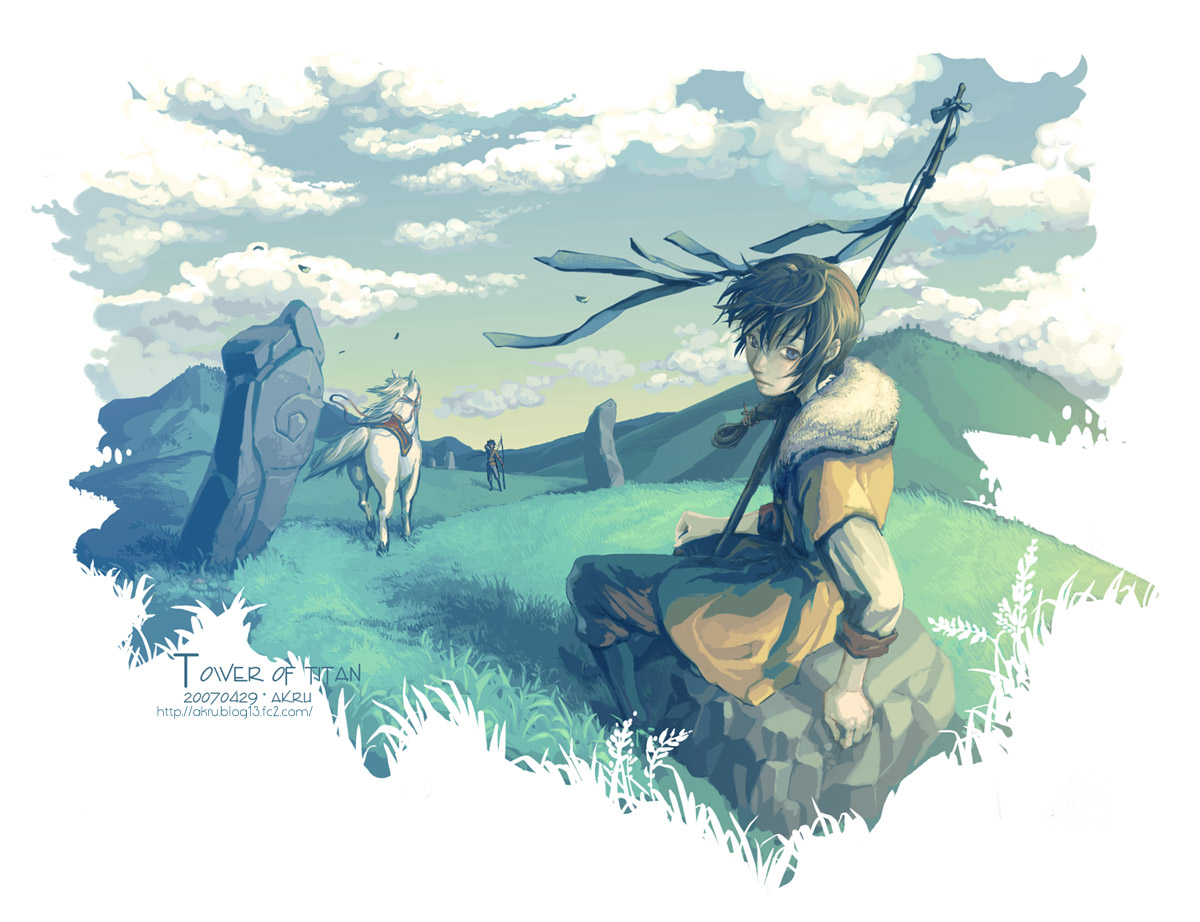 akru, original, 2boys, braid, cloud, dated, day, horse, leaf, male focus, multiple boys, outdoors, scenery, sitting, sky, watermark, web address, wind