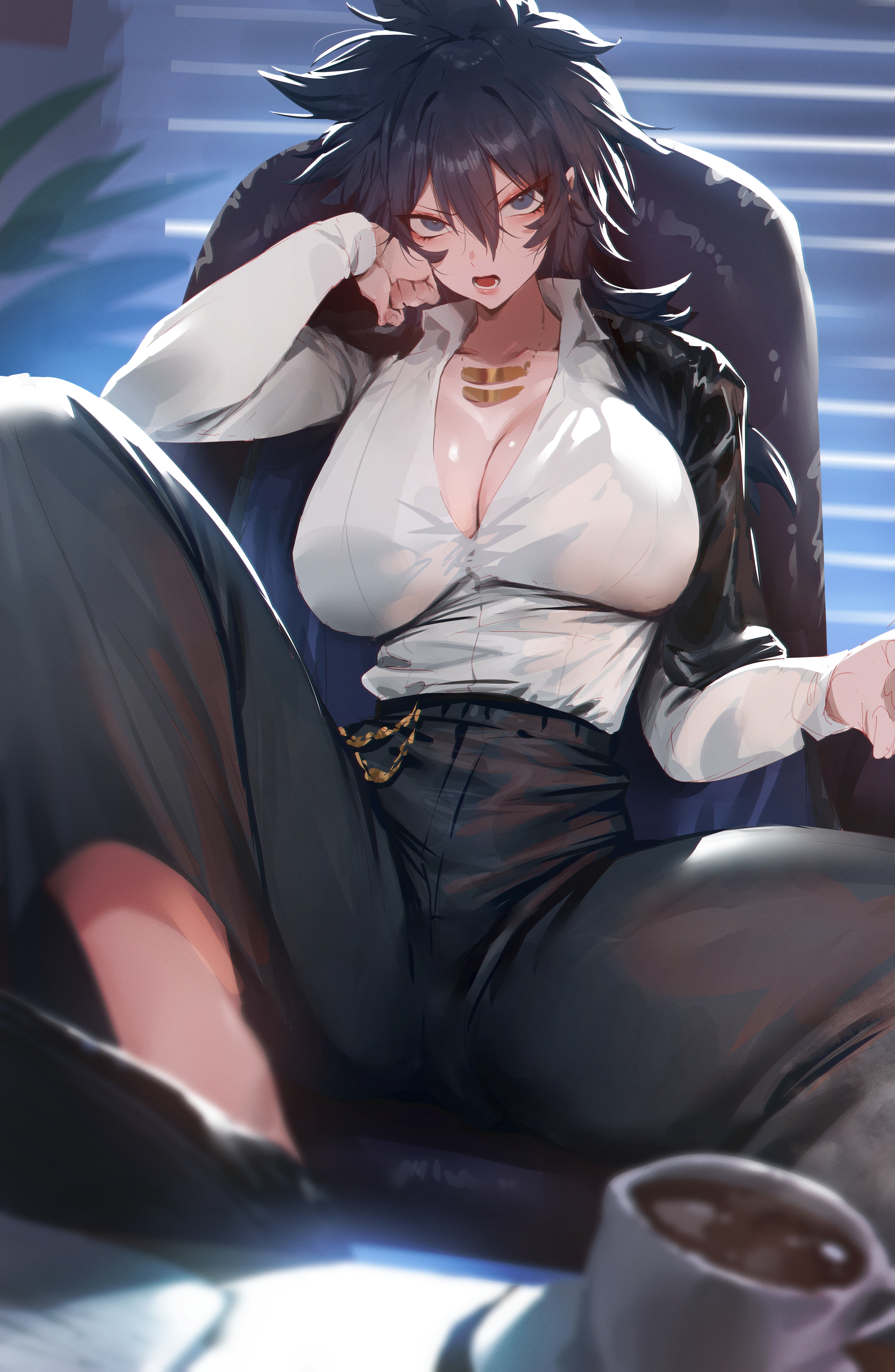 rororo, original, absurdres, highres, 1girl, black hair, black jacket, black pants, blue eyes, blush, breasts, chair, cleavage, coffee, cup, hair between eyes, indoors, jacket, jacket on shoulders, jewelry, large breasts, long sleeves, looking at viewer, necklace, open mouth, pants, shirt, shirt tucked in, short hair, sitting, solo, white shirt