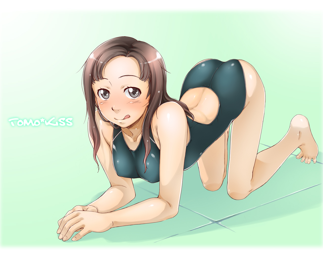 sakura kotetsu, kawada tomoko, kimi kiss, :q, all fours, ass, barefoot, blue eyes, brown hair, competition swimsuit, feet, grey eyes, legs, long hair, one-piece swimsuit, solo, swimsuit, toes, tongue, tongue out