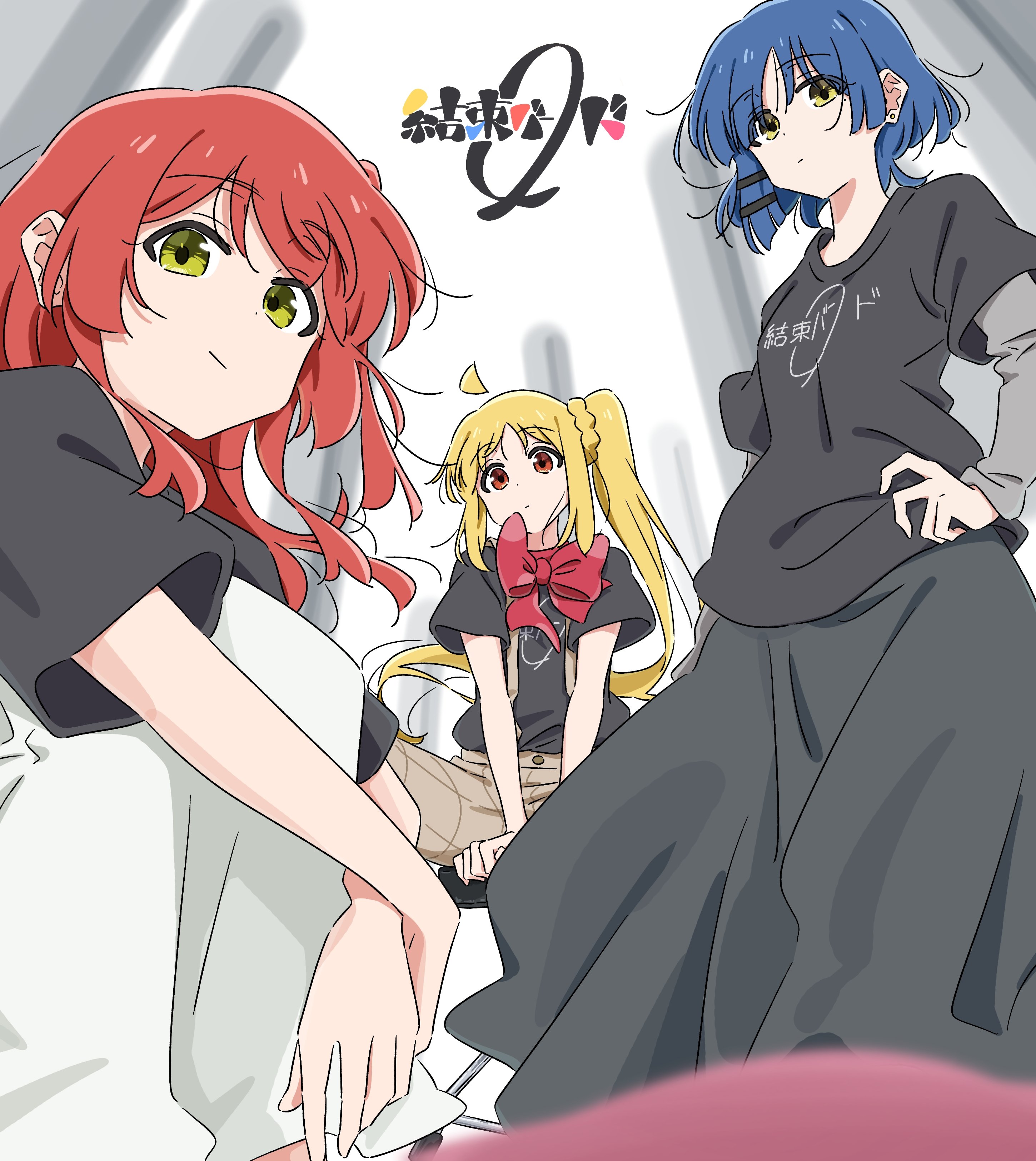 mayo (oekaki bibbi), gotoh hitori, ijichi nijika, kita ikuyo, yamada ryo, bocchi the rock!, absurdres, commentary, highres, 4girls, ahoge, black shirt, black skirt, blonde hair, blue hair, bow, bowtie, closed mouth, detached ahoge, green eyes, hugging own legs, kessoku band, kessoku band t-shirt, layered sleeves, long hair, long skirt, long sleeves, looking at viewer, multiple girls, pants, polka dot, polka dot bow, polka dot bowtie, red bow, red bowtie, red eyes, shirt, short hair, short over long sleeves, short sleeves, sitting, skirt, standing, white pants, yellow eyes