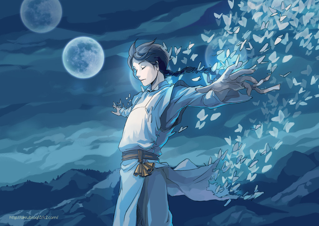 akru, original, 1boy, blue theme, braid, bug, butterfly, closed eyes, cowboy shot, fantasy, full moon, insect, male focus, moon, mountain, night, outdoors, outstretched arms, outstretched hand, scenery, sky, solo, spread arms, standing, tabard, watermark, web address