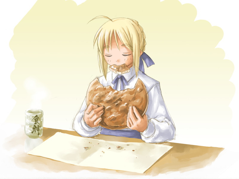artoria pendragon (fate), saber (fate), fate/stay night, fate (series), non-web source, 00s, 1girl, ahoge, blonde hair, blouse, closed eyes, cup, eating, female focus, food, ribbon, shirt, solo, yunomi