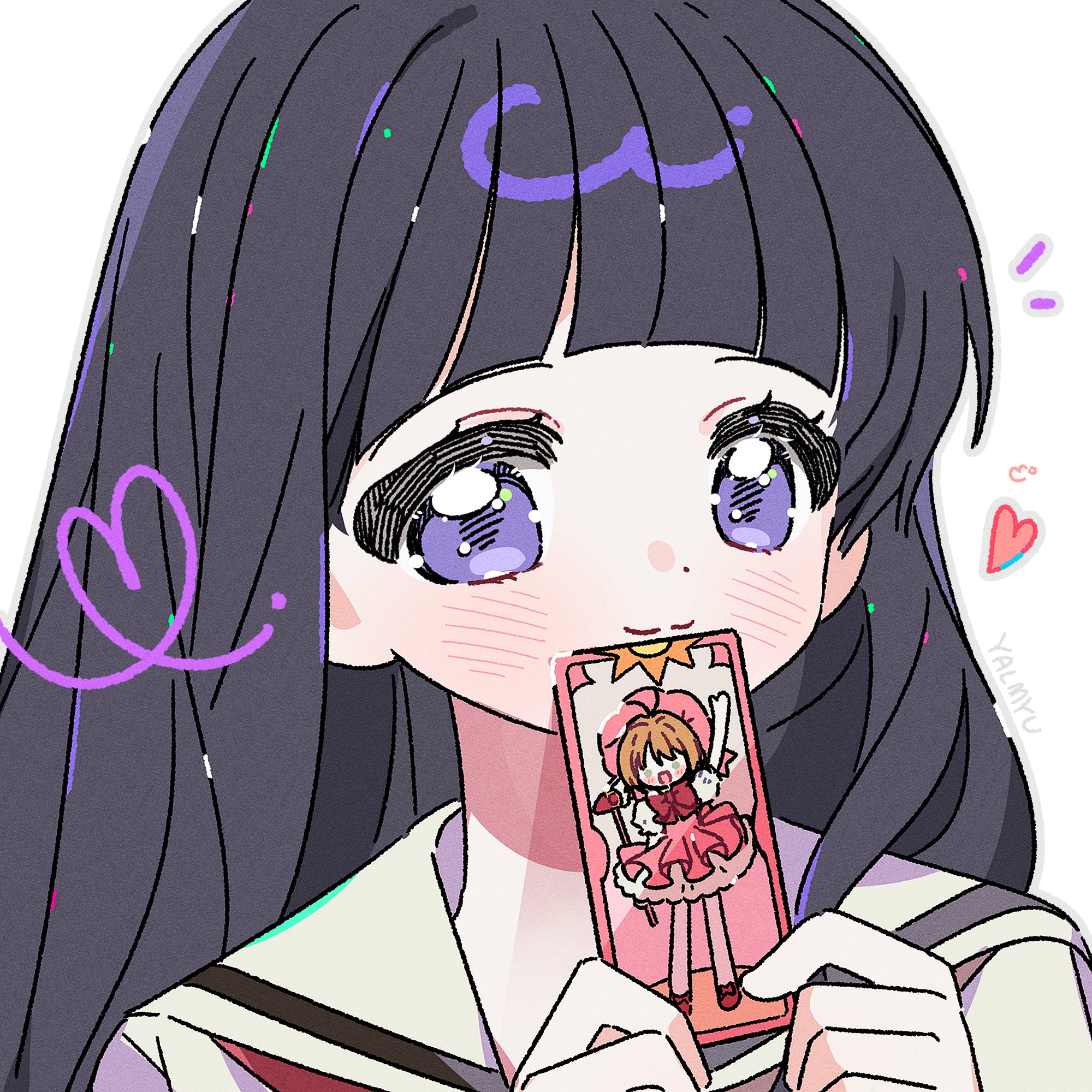 yalmyu, daidouji tomoyo, kinomoto sakura, cardcaptor sakura, commentary, highres, symbol-only commentary, 1girl, artist name, blunt bangs, blush, card, closed mouth, grey hair, grey outline, hands up, heart, holding, holding card, long hair, looking at viewer, outline, purple eyes, sailor collar, school uniform, serafuku, simple background, smile, solo, upper body, white background