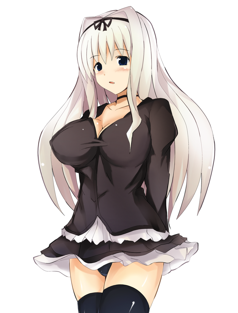 usugiri bacon, kusugawa sasara, to heart (series), to heart 2, silver hair, bad id, bad pixiv id, 00s, 1girl, black panties, blonde hair, blue eyes, blush, breasts, female focus, huge breasts, long hair, miniskirt, panties, skirt, solo, thighhighs, underwear, wind, wind lift, zettai ryouiki