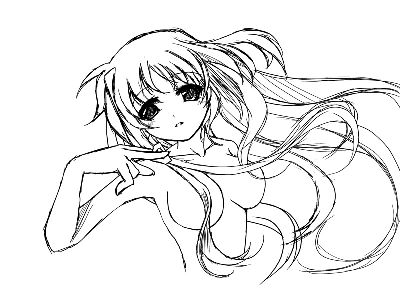 frapowa, fate testarossa, lyrical nanoha, mahou shoujo lyrical nanoha, mahou shoujo lyrical nanoha strikers, 00s, 1girl, breasts, female focus, greyscale, large breasts, long hair, monochrome, sketch, solo