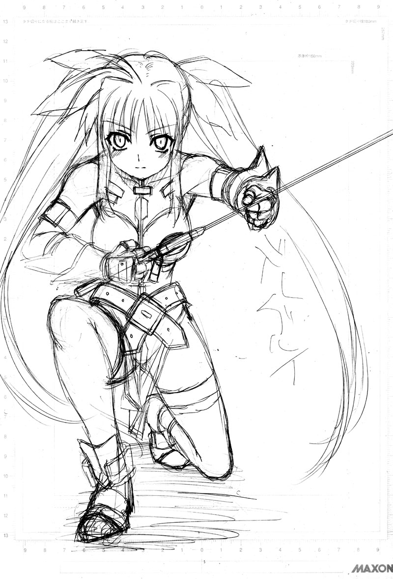 hotori (sion), bardiche (nanoha), fate testarossa, lyrical nanoha, mahou shoujo lyrical nanoha, mahou shoujo lyrical nanoha strikers, 00s, 1girl, female focus, greyscale, monochrome, sketch, solo, thighhighs