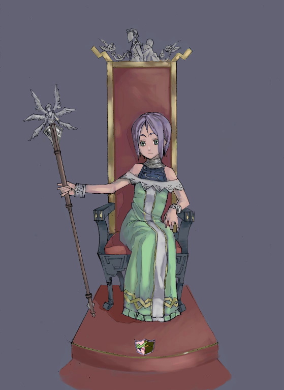 lunch (shin new), original, 1girl, bare shoulders, dark-skinned female, dark skin, dress, female focus, green eyes, purple hair, short hair, sitting, solo, staff, throne