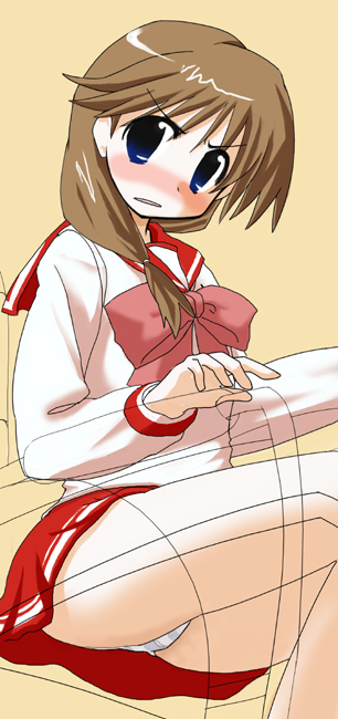 hottan!, komaki ikuno, to heart (series), to heart 2, 00s, 1girl, blue eyes, blush, bow, brown hair, female focus, panties, pink bow, ribbon, school uniform, serafuku, solo, striped clothes, striped panties, underwear