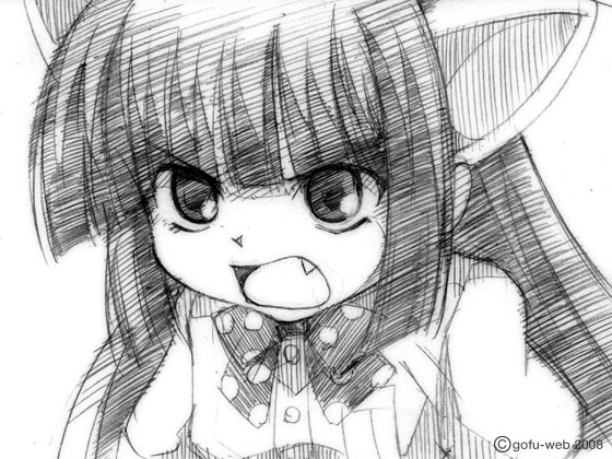 gofu, kagami kuro, kodomo no jikan, traditional media, 00s, 1girl, animal ears, bow, cat ears, child, fake animal ears, fang, female focus, greyscale, long hair, monochrome, polka dot, polka dot bow, ribbon, short sleeves, sketch, solo