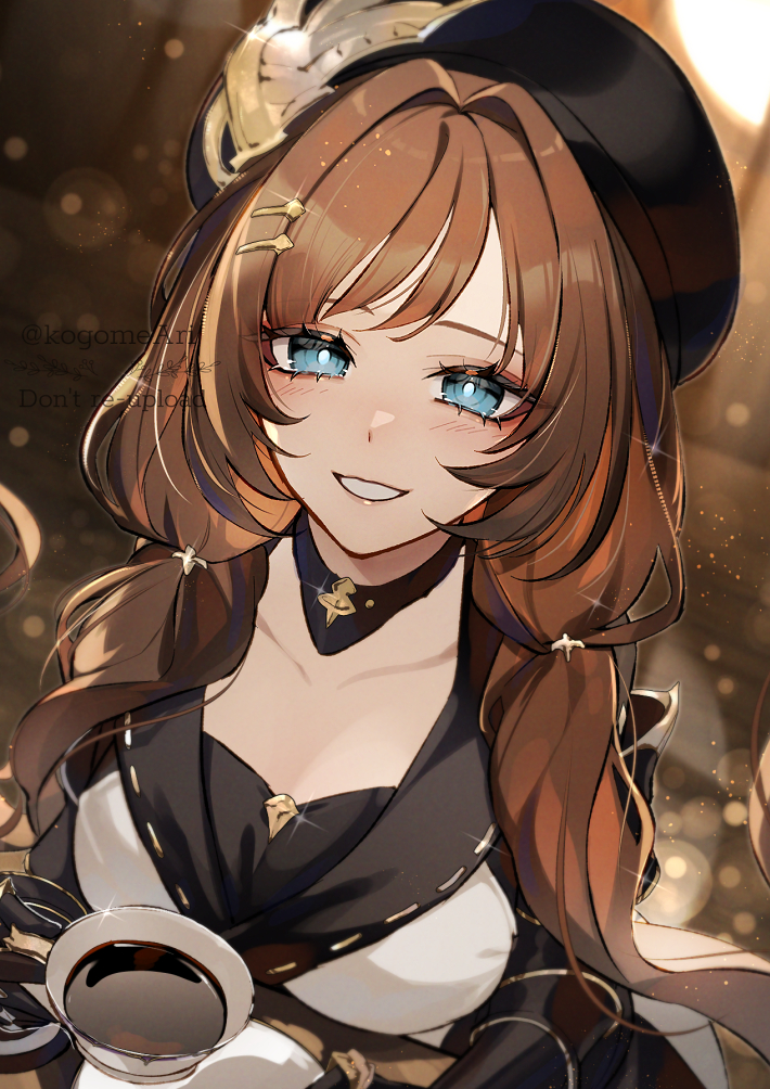 kogome (azalea4), raziel (granblue fantasy), granblue fantasy, 1girl, beret, blue eyes, blush, brown hair, coffee, cup, grin, hair intakes, hat, holding, holding cup, long hair, looking at viewer, low twintails, smile, solo, twintails, watermark