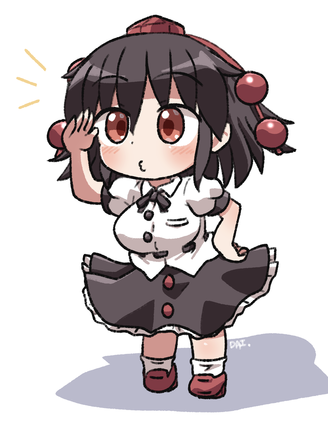 rokugou daisuke, shameimaru aya, touhou, commentary request, highres, 1girl, arm up, black hair, black ribbon, black skirt, blush, buttons, chibi, chibi only, collared shirt, frilled skirt, frills, full body, geta, hat, neck ribbon, notice lines, o3o, pom pom (clothes), red eyes, red shoes, ribbon, shirt, shoes, short hair, short sleeves, signature, simple background, skirt, socks, solo, standing, tengu-geta, tokin hat, white background, white shirt, white socks
