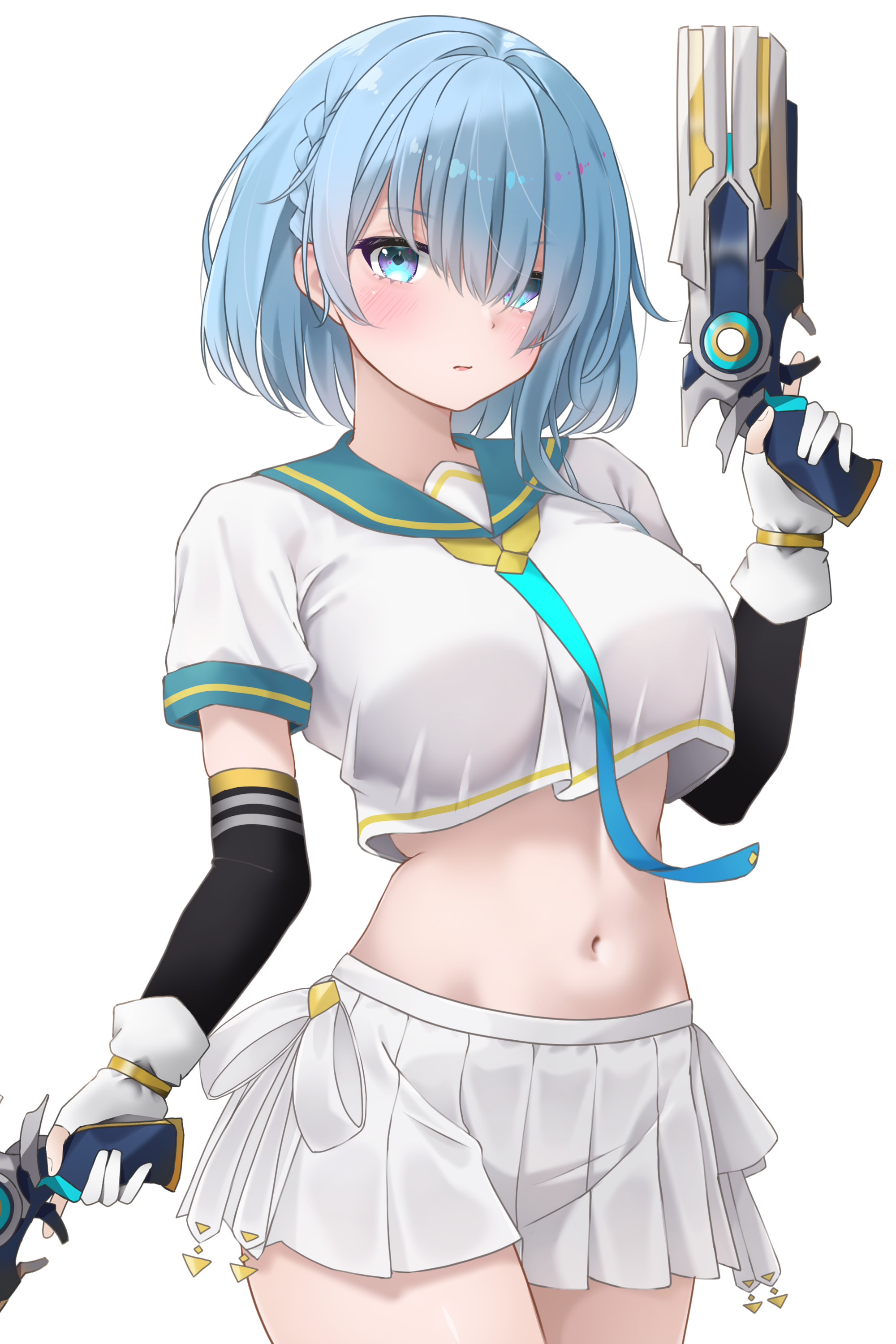 dreizehn (shadowverse), shadowverse, shadowverse: worlds beyond, absurdres, commentary request, highres, 1girl, aqua eyes, aqua necktie, aqua sailor collar, arm at side, blue hair, blush, bob cut, breasts, closed mouth, cowboy shot, crop top, crop top overhang, cropped shirt, expressionless, gloves, gun, handgun, holding, holding gun, holding weapon, large breasts, miniskirt, navel, necktie, partially fingerless gloves, pleated skirt, pppren999, sailor collar, school uniform, serafuku, shirt, short hair, short sleeves, simple background, skirt, solo, standing, stomach, weapon, white background, white gloves, white shirt, white skirt