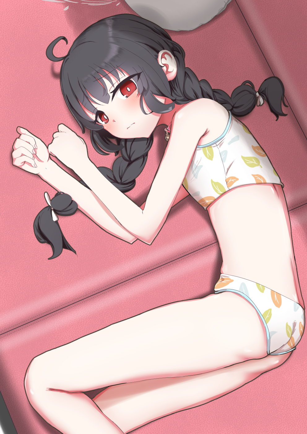 cmyk (rgb71509204), miyu (blue archive), miyu (swimsuit) (blue archive), blue archive, highres, 1girl, ahoge, bikini, black hair, braid, feet out of frame, flat chest, halo, leaf print, long hair, looking at viewer, low twin braids, low twintails, lying, official alternate costume, on side, red eyes, solo, swimsuit, twin braids, twintails, white bikini