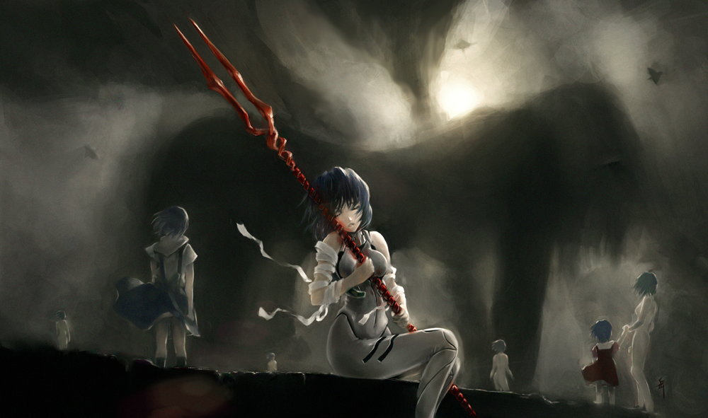 archlich, ayanami rei, neon genesis evangelion, 1girl, bandages, bident, blue hair, closed eyes, dual persona, female focus, giant, lance of longinus (evangelion), mecha pilot suit, multiple persona, nude, pale skin, plugsuit (evangelion), polearm, red eyes, school uniform, shadow, short hair, solo, weapon, wings