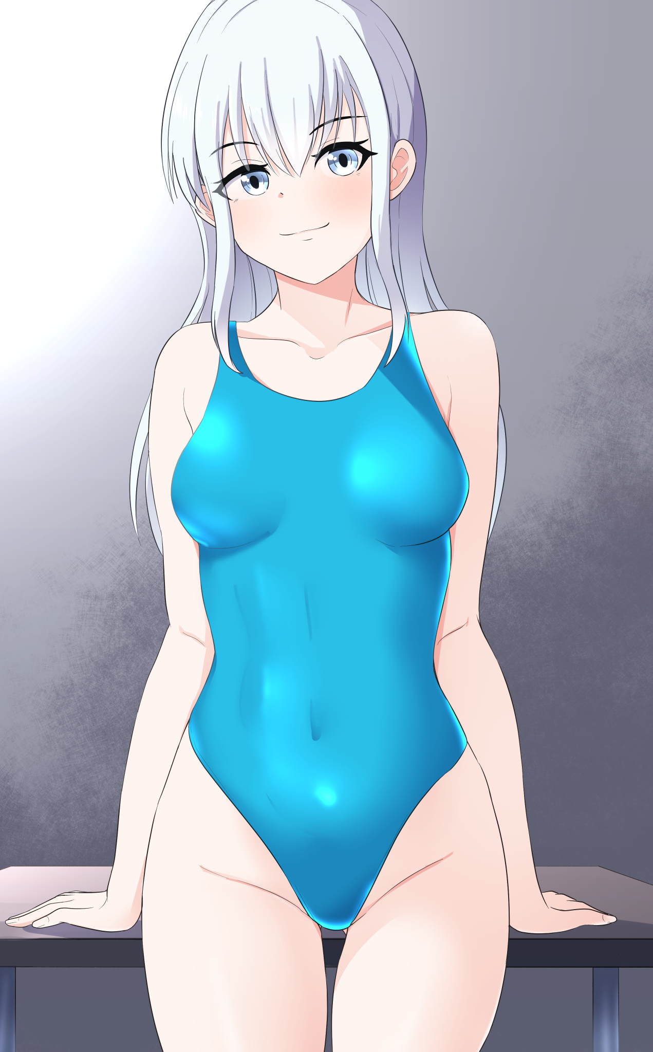 thames3, original, highres, 1girl, blue eyes, blue one-piece swimsuit, breasts, collarbone, competition swimsuit, cowboy shot, grey background, highleg, highleg one-piece swimsuit, long hair, looking at viewer, medium breasts, one-piece swimsuit, smile, solo, swimsuit, table, thigh gap, white hair