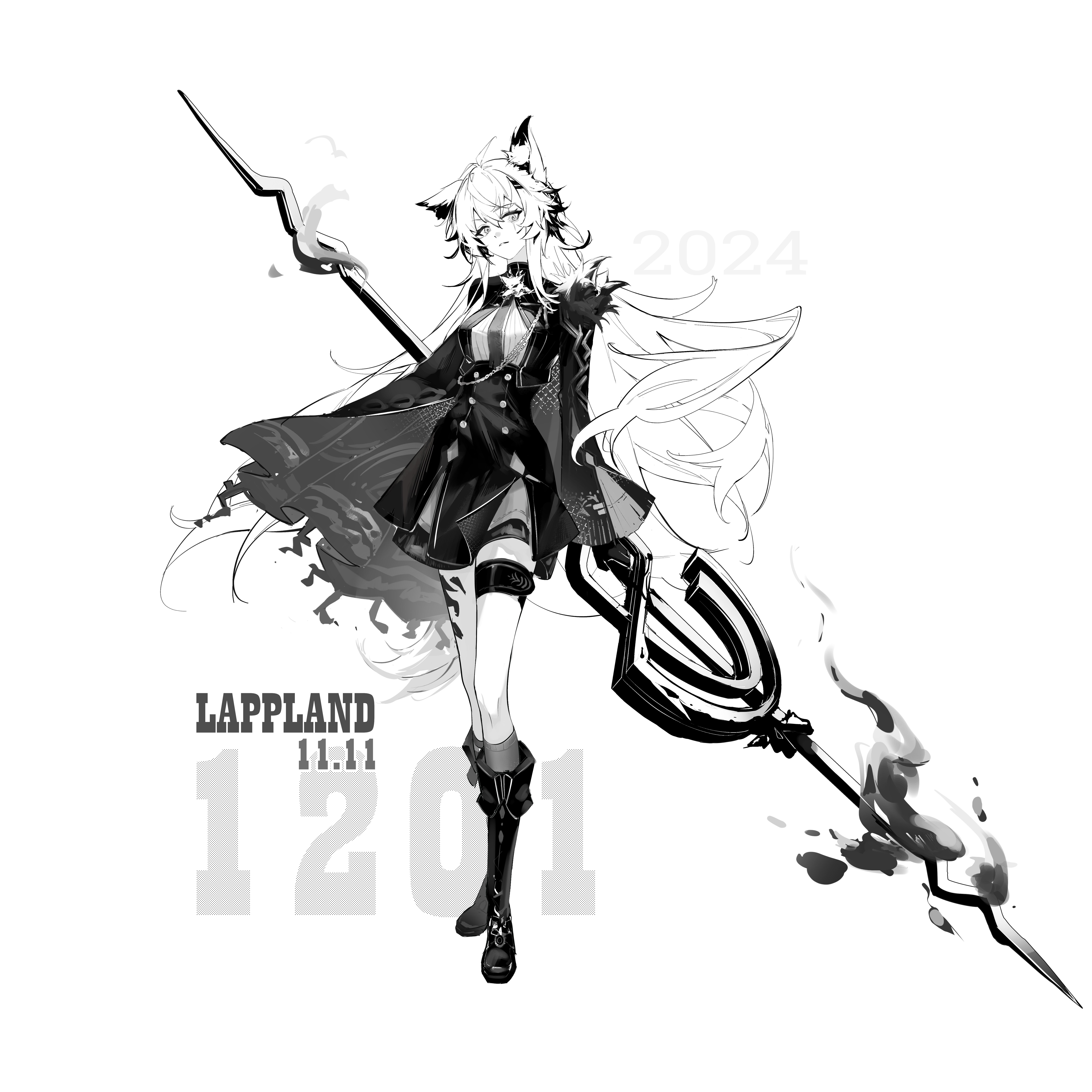 huazihuazihz, lappland (arknights), lappland the decadenza (arknights), arknights, absurdres, chinese commentary, commentary request, highres, 1girl, aiguillette, animal ear fluff, animal ears, bolo tie, boots, cape, character name, full body, gloves, greyscale, hair between eyes, high-waist skirt, holding, holding weapon, jacket, knee boots, long hair, long sleeves, material growth, monochrome, oripathy lesion (arknights), parted lips, scar, scar across eye, scar on face, simple background, skirt, solo, standing, tail, weapon, white background, wolf ears, wolf girl, wolf tail