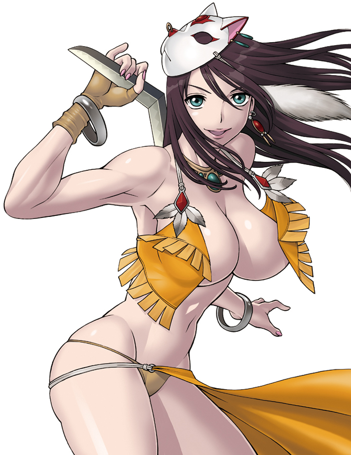 tamaki nozomu, himeka (himegami), hakodate youjin buraichou himegami, 1girl, armpits, black hair, blue eyes, boomerang, bra, bracelet, breasts, brown hair, curvy, earrings, female focus, fingerless gloves, fox mask, gloves, green eyes, huge breasts, jewelry, lingerie, long hair, lowleg, lowleg panties, mask, muscular, nail polish, necklace, no bra, open bra, open clothes, open shirt, panties, pink nails, shirt, single glove, solo, underwear, weapon