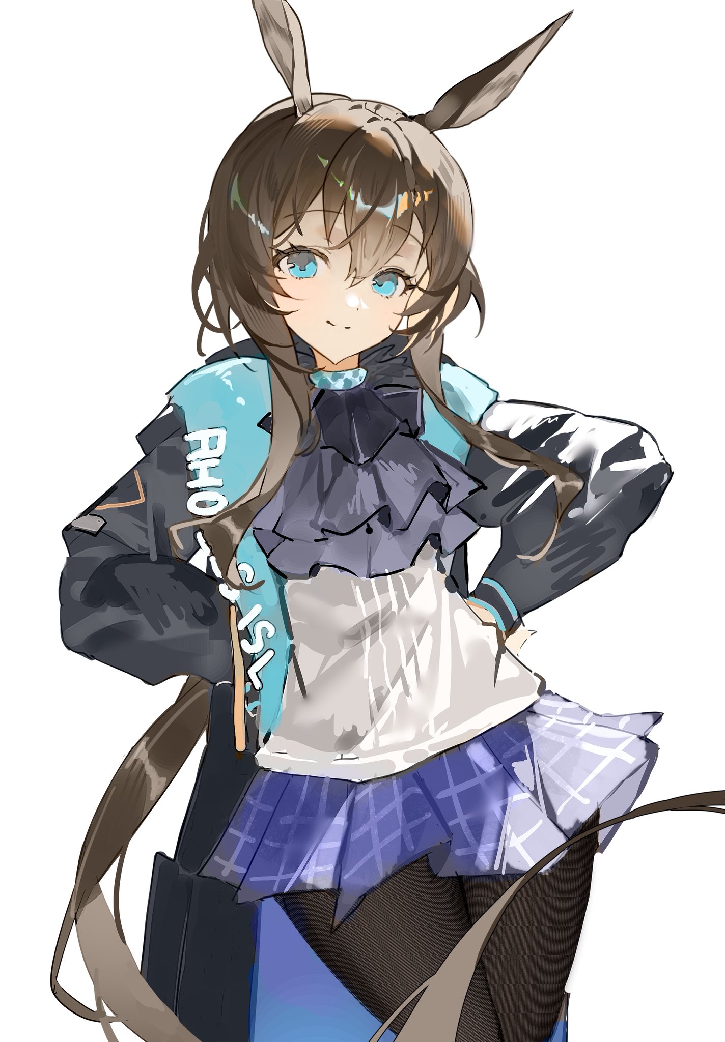 amiya (arknights), arknights, commentary, hashtag-only commentary, highres, 1girl, animal ears, black jacket, black pantyhose, blue eyes, blue skirt, brown hair, closed mouth, cowboy shot, dodosaae, hair between eyes, hands on own hips, jacket, long sleeves, looking at viewer, miniskirt, pantyhose, pleated skirt, rabbit ears, shirt, short hair, simple background, skirt, smile, solo, white background, white shirt