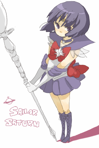 yukke, sailor saturn, tomoe hotaru, bishoujo senshi sailor moon, 1990s (style), 1girl, bob cut, boots, bow, brooch, character name, choker, elbow gloves, female focus, gloves, holding, holding polearm, holding spear, holding weapon, jewelry, knee boots, magical girl, polearm, purple boots, purple eyes, purple hair, purple skirt, red bow, retro artstyle, short hair, silence glaive, skirt, solo, spear, staff, star brooch, tiara, weapon, white gloves