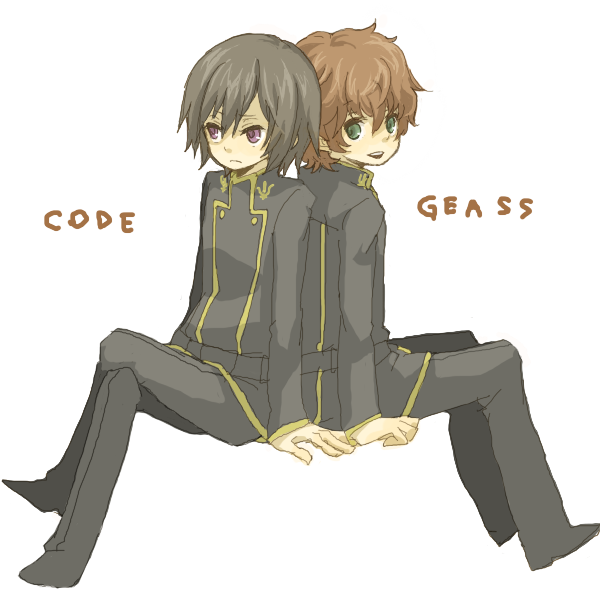 yukke, kururugi suzaku, lelouch vi britannia, code geass, 00s, 2boys, back-to-back, black hair, brown hair, green eyes, male focus, multiple boys, purple eyes, short hair