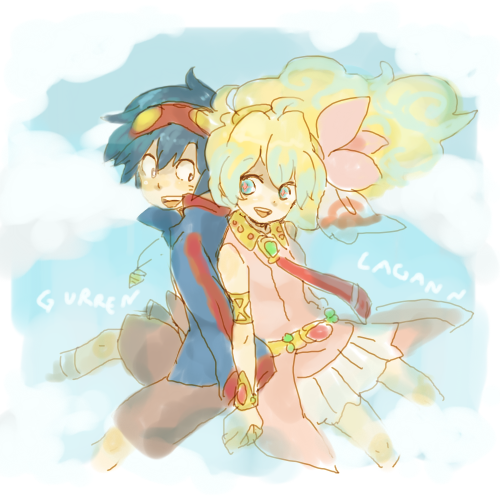 yukke, nia teppelin, simon (ttgl), tengen toppa gurren lagann, lowres, 00s, 1boy, 1girl, back-to-back, couple, hair ribbon, happy, hetero, holding hands, long hair, ribbon