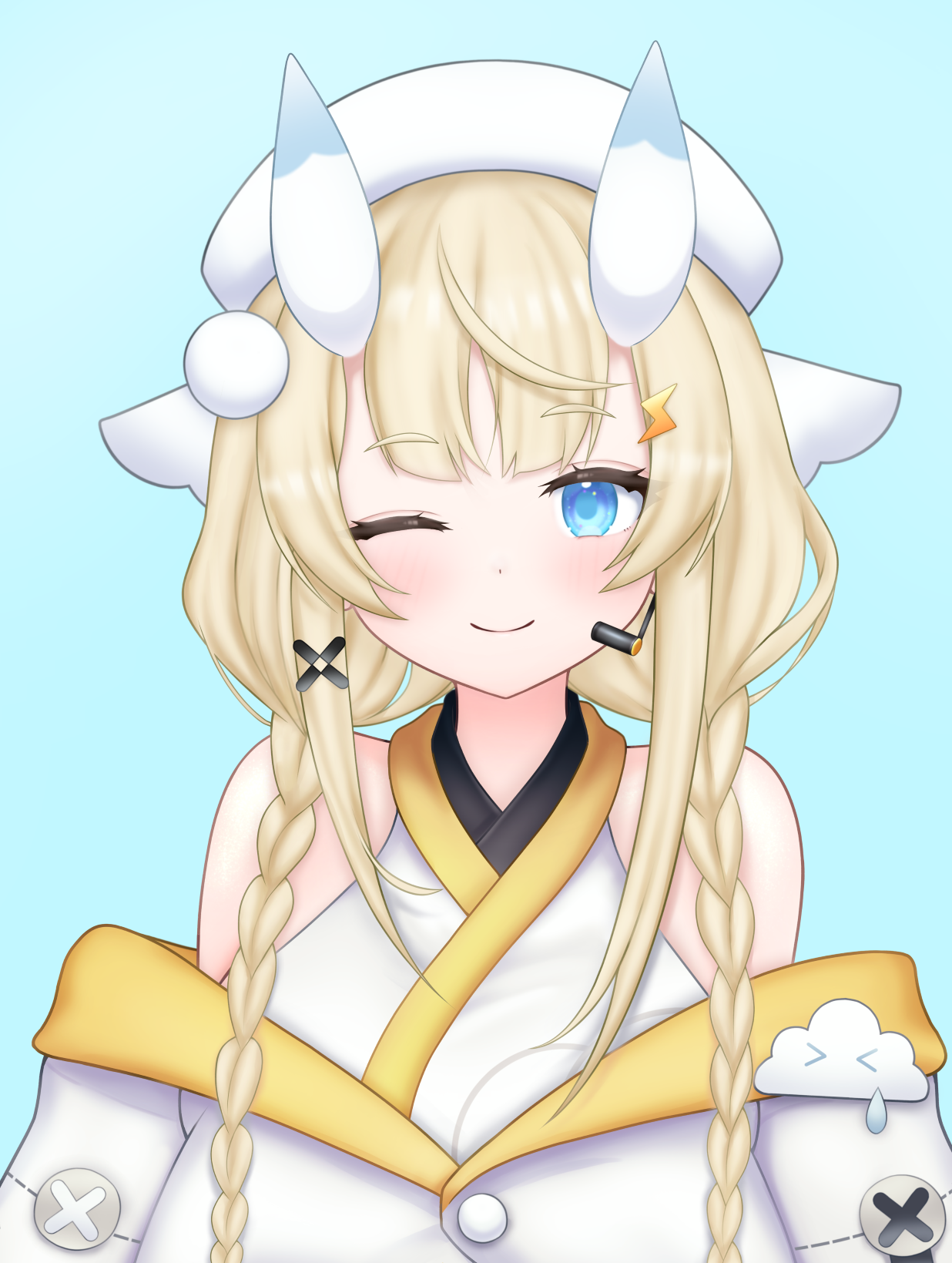 kadou mikaru, nijisanji, highres, 1girl, ;), bare shoulders, blonde hair, blue background, blue eyes, blue horns, blush, braid, coat, coat partially removed, hair ornament, hair over shoulder, hat, headset, horns, japanese clothes, kaerunoid, kimono, lightning bolt, lightning bolt hair ornament, lightning bolt symbol, looking at viewer, low twin braids, multicolored horns, one eye closed, pom pom (clothes), pom pom hair ornament, screw, sidelocks, simple background, smile, solo, twin braids, two-tone horns, upper body, virtual youtuber, white coat, white hat, white horns, white kimono, x hair ornament, yellow trim
